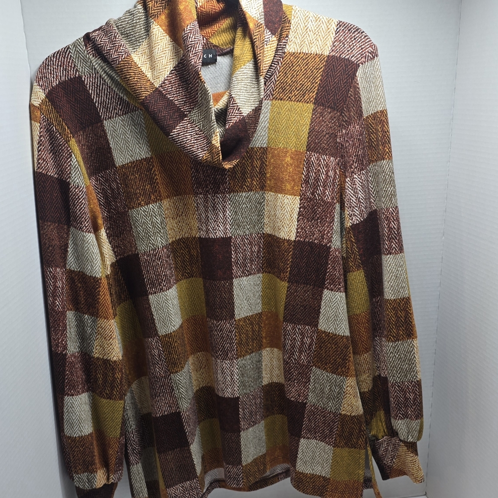 Cozy Checkered Cowl Neck Sweater